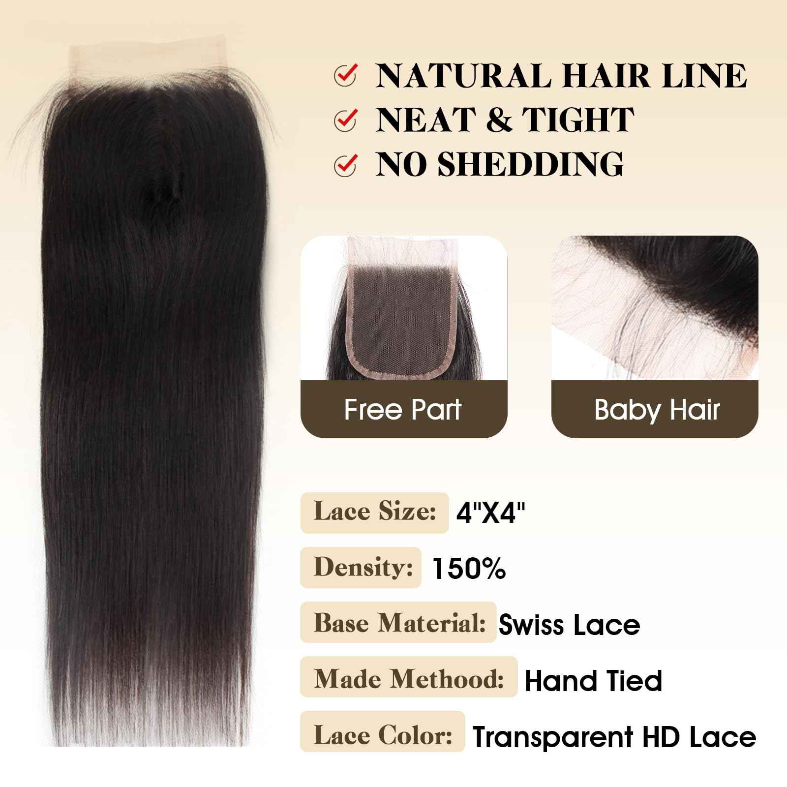 Human Hair Bundles with Closure Straight(16 18 20 +14,Free Part) Closure with 3 Bundles Brazilian Virgin Hair 16A Extensions with Pre Plucked with Baby Hair 4X4 HD Lace Closure Natural Black Color