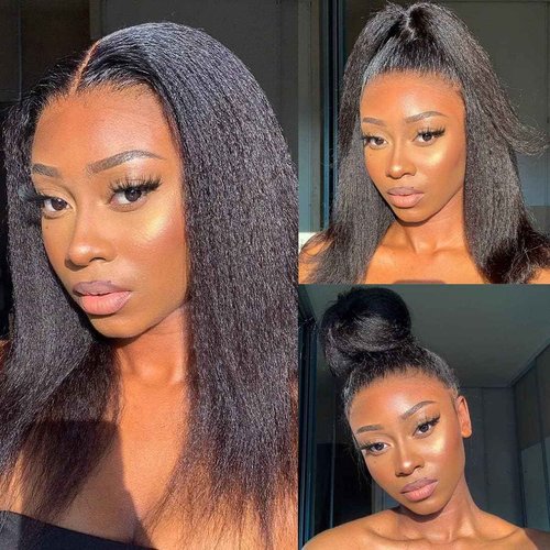veravicky Kinky Straight Wig Human Hair 14 inch Glueless Kinky Straight 13x4 Lace Front Wig Pre Plucked HairLine with Baby Hair 180% Density Yaki Straight Wigs Natural Black Color