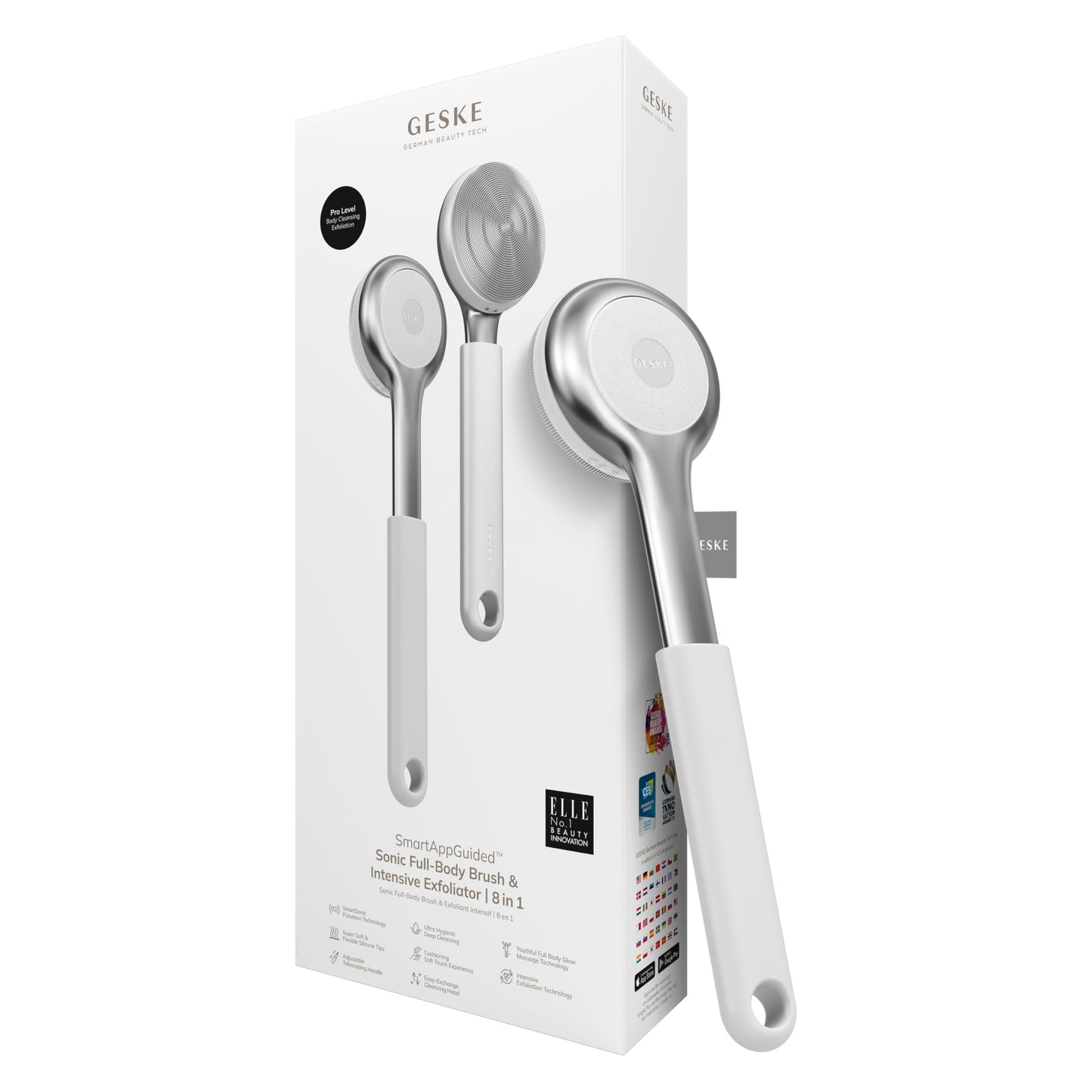 GESKE Sonic Full-Body Brush & Intensive Exfoliator | 8 in 1 | Electric Body Cleansing Brush | With SmartSonic Pulsations | Deep Cleansing, Exfoliation, Massage | Extendable Handle | Rough Skin Remover