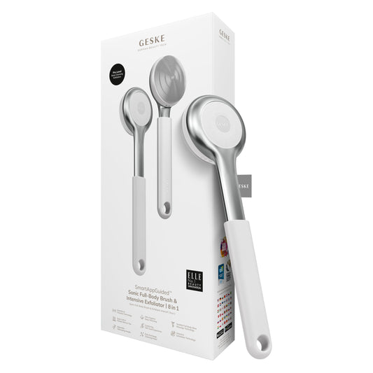 GESKE Sonic Full-Body Brush & Intensive Exfoliator | 8 in 1 | Electric Body Cleansing Brush | With SmartSonic Pulsations | Deep Cleansing, Exfoliation, Massage | Extendable Handle | Rough Skin Remover