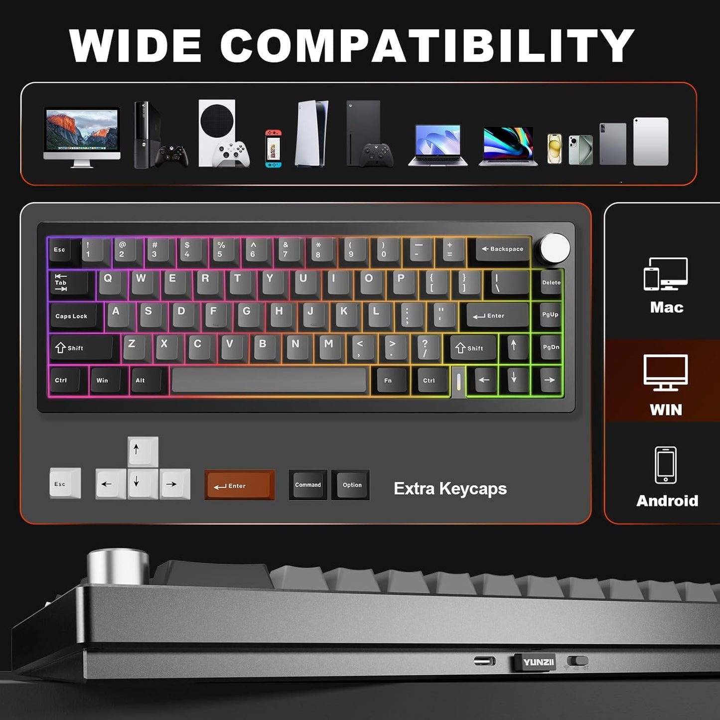 YUNZII AL68 Wireless Mechanical Keyboard,Full Aluminum CNC,60% Layout with Knob, QMK/VIA Software,Gasket Mounted,Hot Swappable,RGB Backlit,BT/2.4G/USB-C for Mac/Win (Black, Milk V2)