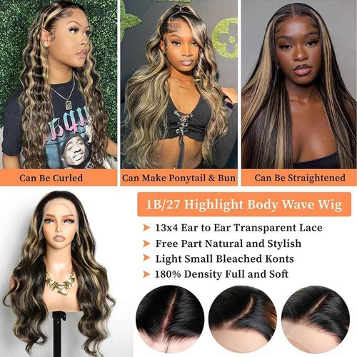PDTBO Ombre Lace Front Wig Human Hair Pre Plucked 24 Inch Body Wave 1B/27 Highlight Lace Front Wig Human Hair 180% Density Colored 13x4 HD Lace Frontal Glueless Wigs For Black Women