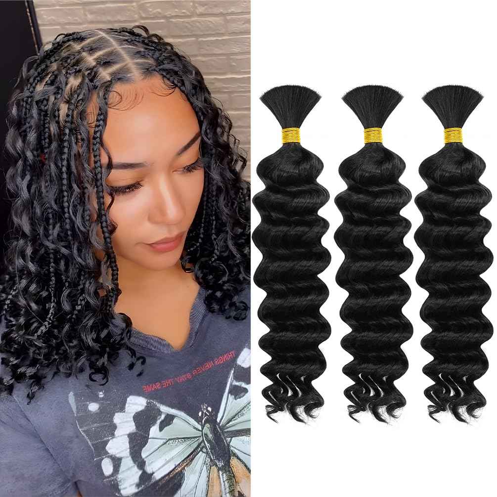 Human Braiding Hair, 3 Bundle 150g 14 Inch Boho Braids Human Hair 10A Deep Wave Bulk Brazilian Virgin No Weft Wavy Hair Extensions for Boho Bohemian Micro Braid Bulk for Braiding Natural Black