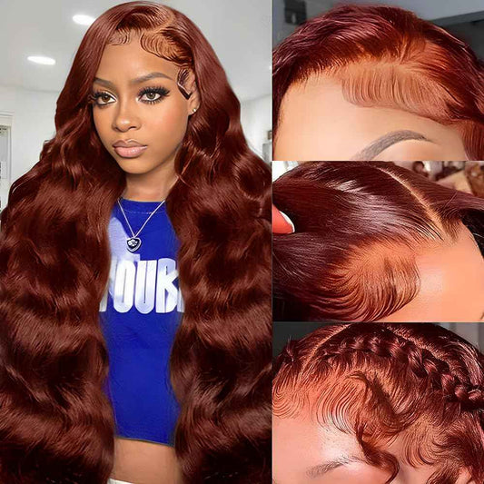KEKEYY 28 Inch Reddish Brown Lace Front Wigs Human Hair Pre Plucked 200 Density Body Wave Lace Frontal Wig Human Hair 13x4 HD Lace Brown wig with baby hair