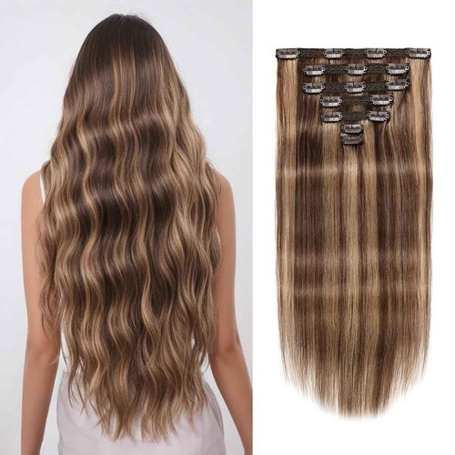 VKHAIR Clip in Hair Extensions Real Human Hair 20 inch, 8Pcs/120g Human Hair Clip in Extensions, Seamless Clip in Hair Extensions Human Hair #4/27 Medium Brown/Dark Blonde, 20 Inch