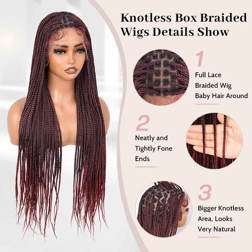 Suntefic Knotless Box Braided Wigs for Black Women Glueless Double Full Lace Front Human Hair Blended Lightweight Hand Braid Wig with Baby Hair (Ombre Burgundy, 30 Inch)