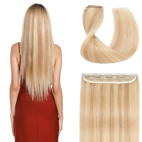 S-noilite One Piece Clip in Extensions Human Hair 5 Clips 3/4 Full Head Ash Blonde to Bleach Blonde Hair Extension for Women,One-Piece Design Clip on Hairpieces 18 Inch 90g