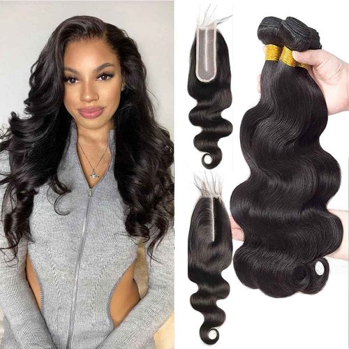 ZGGTL Body Wave Bundles with Closure Human Hair 16-20+2x6 HD Lace Closure 14Inch Brazilian 100% Human Hair Quick Weave Wavy Curly for Women Natural Black