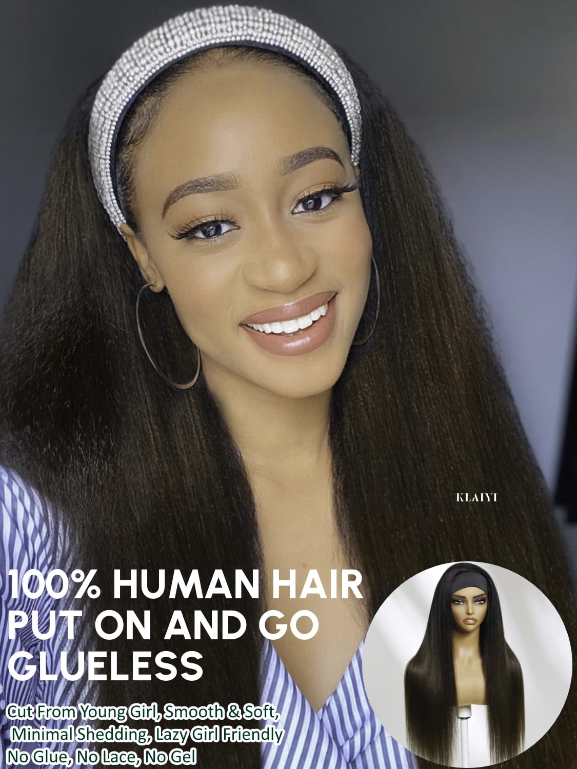 KLAIYI Ombre Brown Yaki Straight Headband Wig Human Hair Glueless Wear and Go Wig with Dark Roots Drawstring Chestnut Kinky Clip In Half Wigs for Black Women No Lace No Glue 30S Ready to Wear 18Inch