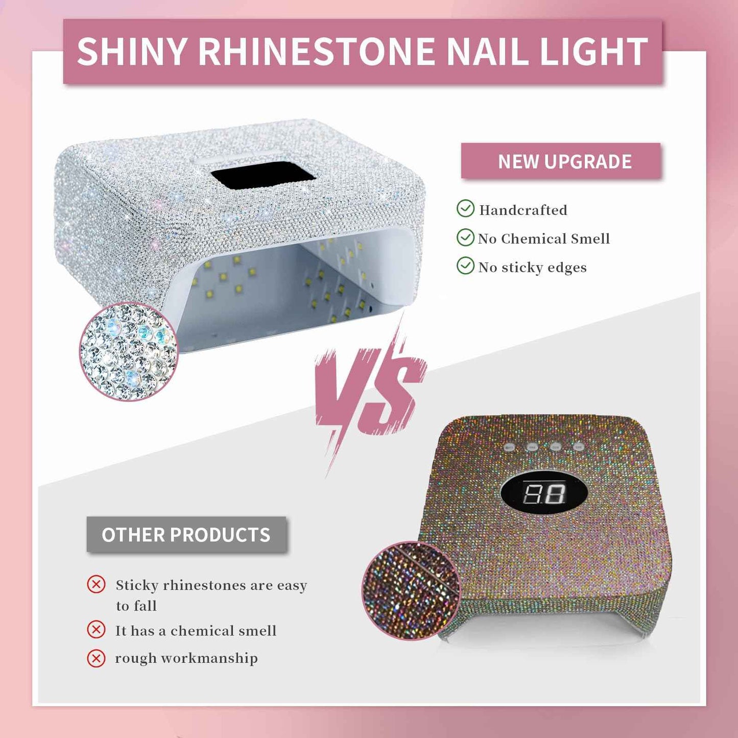 keeyada 220W UV LED Nail Lamp, UV Light for Gel Nails, Wireless Rechargeable Professional Curing Lamp, with Portable Handle and Sparkly Rhinestones, LCD Display, Easy to Carry for Salon & Home