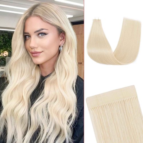 SEGO Double-Stitched Tape in Hair Extensions - Invisible, Long Straight Human Hair for Women, 20 Inch, #60 Platinum Blonde, 20pcs 46g