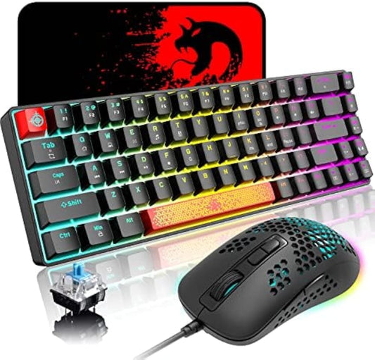60% Mechanical Gaming Keyboard and Mouse Combo with RGB Backlit,Blue Switch,68 Keys Anti-ghosting,Type C,Lightweight Gaming Mice 2400DPI,Two Red Keycaps,Mousepad for Gamers,Typists(Black)