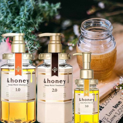 &-honey Deep Moist Shampoo ,Treatment & Hair Oil (Honey Super Moist set 3 Items bundle)+Free Hair Tie 440ml Each+100ml Hair oil Organic Hair and Scalp Care for Straight, Curly, Frizzy, and Dry hair