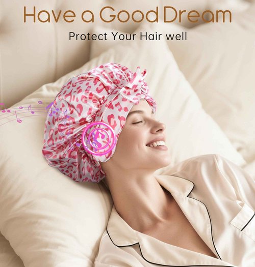 LC-dolida Bluetooth Silk Bonnet for Sleeping Women with Stereo Speaker, Ajustable Sleep Satin Bonnet Double Layer for Curly Natural Hair Ideal for Gift Restful Sleep Music