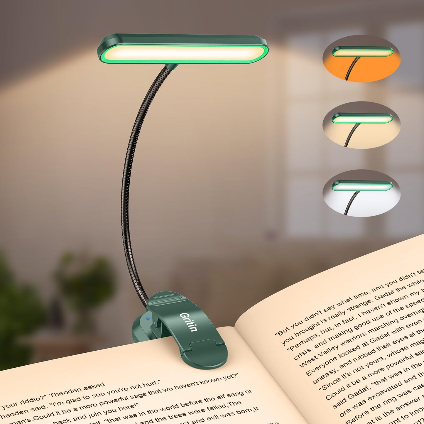 Gritin Rechargeable Book Light for Reading in Bed with 19 LED &Memory Function-Eye Caring 3 Color Temperatures,5 Brightness Levels,80 Hrs Runtime Flexible Goose Neck Clip on Light-Dark Green