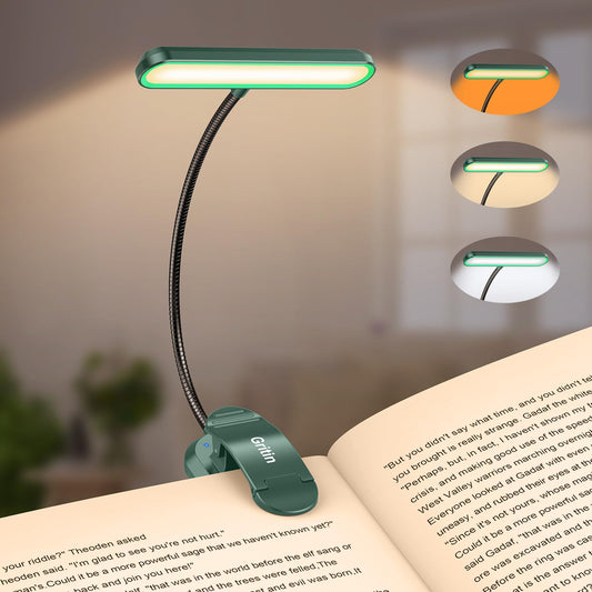 Gritin Rechargeable Book Light for Reading in Bed with 19 LED &Memory Function-Eye Caring 3 Color Temperatures,5 Brightness Levels,80 Hrs Runtime Flexible Goose Neck Clip on Light-Dark Green