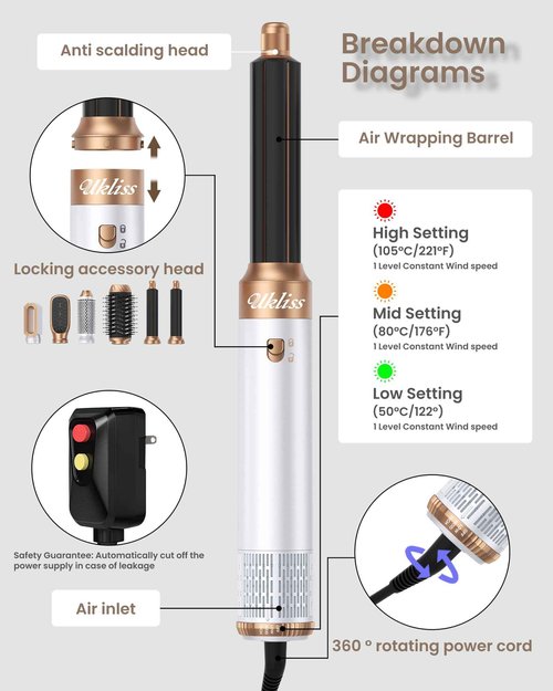 Ukliss 6 in 1 Hair Dryer Brush & Air Styler – Ionic Blow Dryer with AutoWrap Straightener & Volumizing Brush for Fine/Thick Hair Fast Drying Frizz-Free Salon & Travel Use (ALCI Plug)