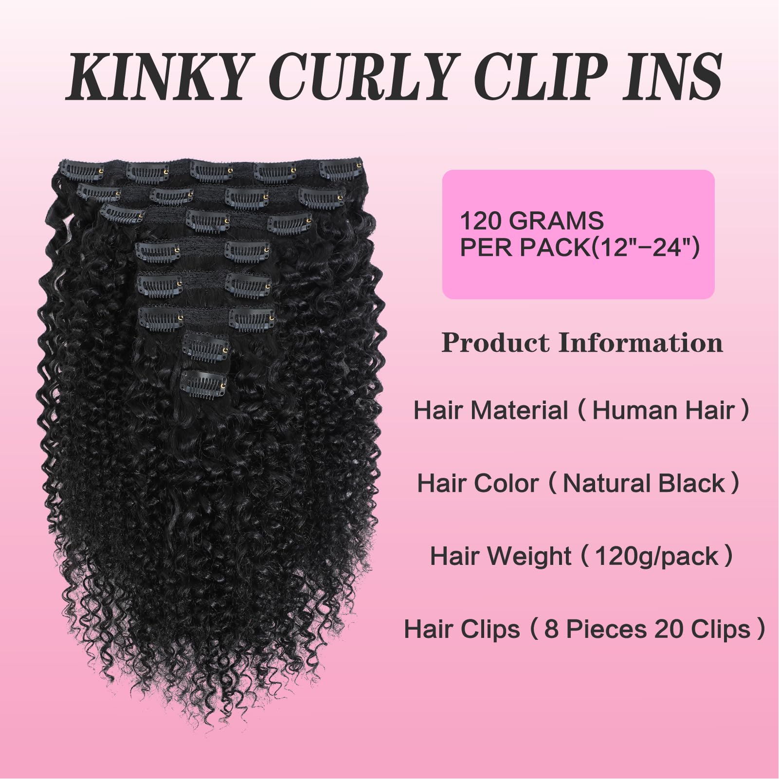 Geogroket Kinky Curly Clip in Hair Extensions for Women 3C 4A Kinky Curly Clip ins 10A Brazilian Virgin Human Hair Extensions 16pcs 240g/set 18 Inch Natural Black