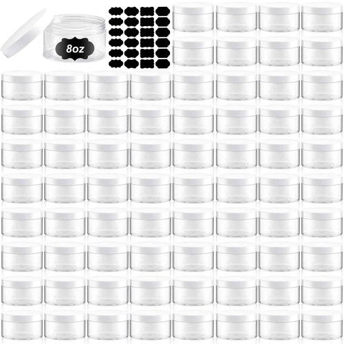 Dandat 72 Pcs 8 oz PET Loose Powder Containers Plastic Jars with Lid and Label, Leak Proof Empty Cosmetic Jars for Lotion, Cream, Gel, Powder - Refillable Travel Storage Containers(White)