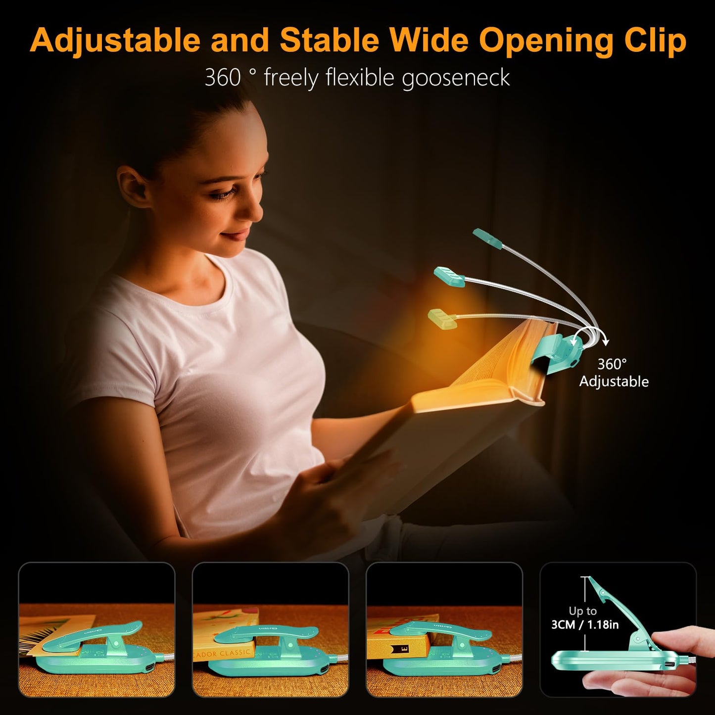 Gritin Rechargeable Book Light for Reading in Bed with 19 LED &Memory Function-Eye Caring 3 Color Temperatures,5 Brightness Levels,80 Hrs Runtime Flexible Goose Neck Clip on Light-Blue