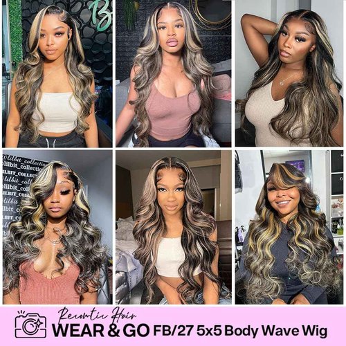 Highlight 5x5 HD Lace Closure Wigs Wear and Go Glueless Wigs Human Hair Pre Plucked Pre Cut 1B/27 Honey Blonde Body Wave Lace Front Wigs Human Hair for Women 180% Density 26Inch