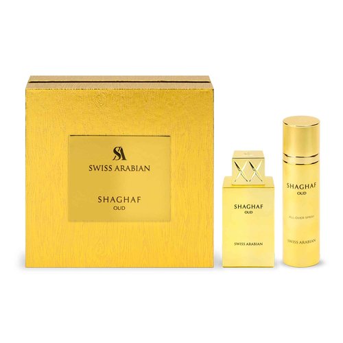 Swiss Arabian Shaghaf Oud - Eau de Parfum and Body Spray Perfume Set - Long Lasting Arabian Perfume with Saffron, Praline, and Vanilla - 2 pc