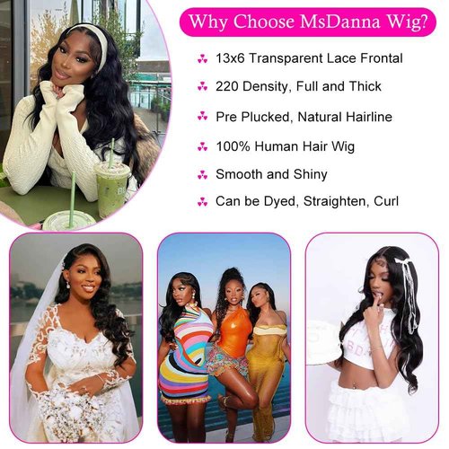 MsDanna 32 Inch Body Wave 13x6 Lace Front Wigs Human Hair 220 Density HD Transparent Full Lace Frontal Wigs Pre Plucked for Women