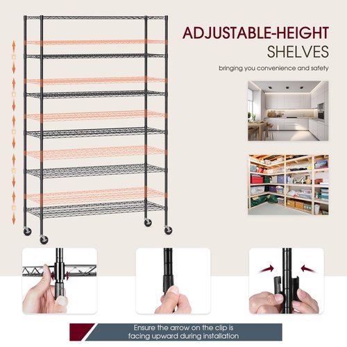BestOffice | 6-Tier Wire Storage Shelves with Wheels | 48x18x77 | Black | Adjustable Racks | Heavy-Duty Metal Shelf, Holds Upto 600 lbs | No-Tool Assembly | Ideal for Home & Garage Shelving