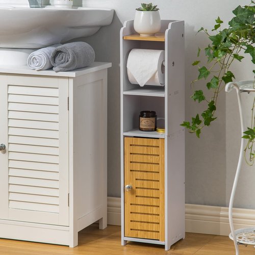 AOJEZOR Toilet Paper Holder Stand: Bathroom Storage Cabinet for Apartment Dwellers - Pure White/Natural Bamboo