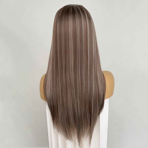 CIMITIKI Ash Brown Flaxen Color Wigs Highlight Blonde Hair 13x4 Lace Front Wig Long Silk Straight Synthetic Fiber 22Inch for Women