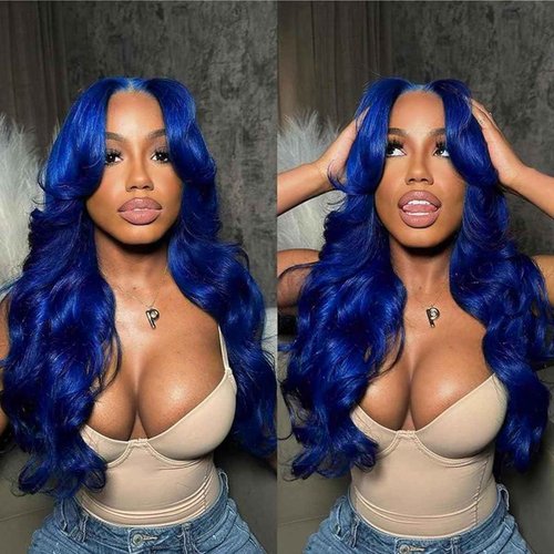 RUOXUAN Blue 9x6 Body Wave Lace Front Wigs Human Hair Pre Plucked With Baby Hair 200% Density Dark Blue Human Hair Pre Cut For Women HD Transparent Lace Frontal Colored Wigs 20 Inch