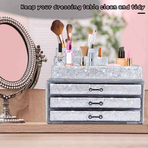 KEYPOWER Bling Rhinestone Makeup Cosmetic Jewelry Organizers Drawer & Remote control Holder(White)