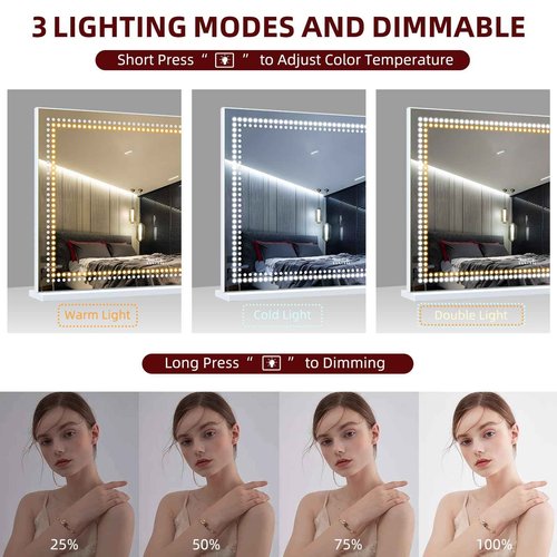 VANITII Vanity Mirror with Lights 32"x23" Lighted Makeup Vanity Mirror with Smart Speaker Dimmable 3 Light Modes 10X Magnification Light Up Mirror Touch Control Tabletop