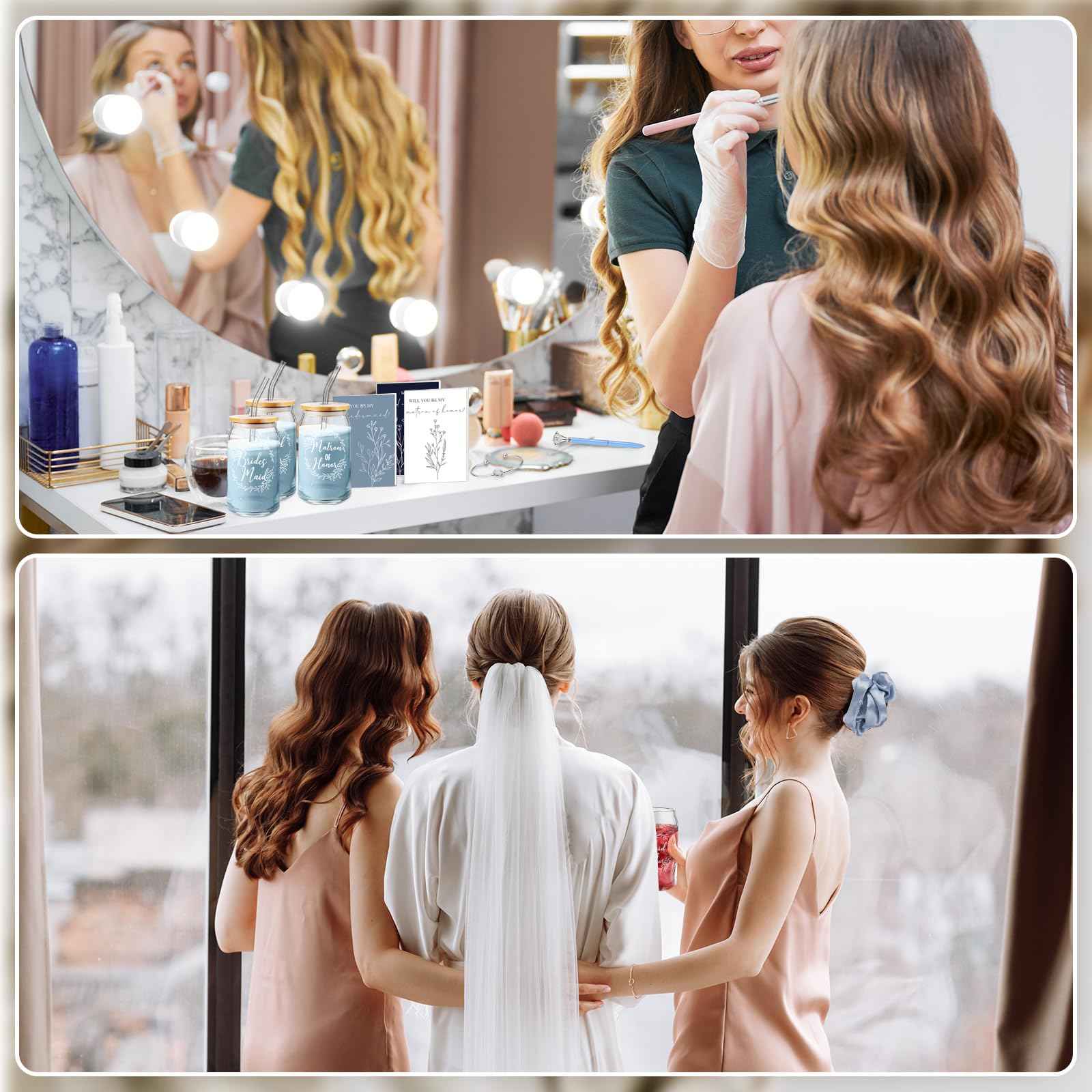 Irenare 48 Pcs 8 Set Bridesmaid Proposal Gifts Maid of Honor Gifts Bridal Shower 16oz Glass Cups Cosmetic Makeup Bags Invited Cards Scrunchies Hair Knotted Bracelets Diamond Pens(Blue)