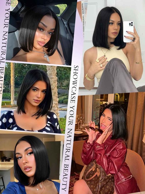 Xinjiju Bob Glueless Wigs Human Hair Pre Plucked Pre Cut 6x4 HD Lace Front Wigs Wear and Go Short Straight Bob Wigs for Black Women 150% Density Natural Black for Daily Use 14 Inch