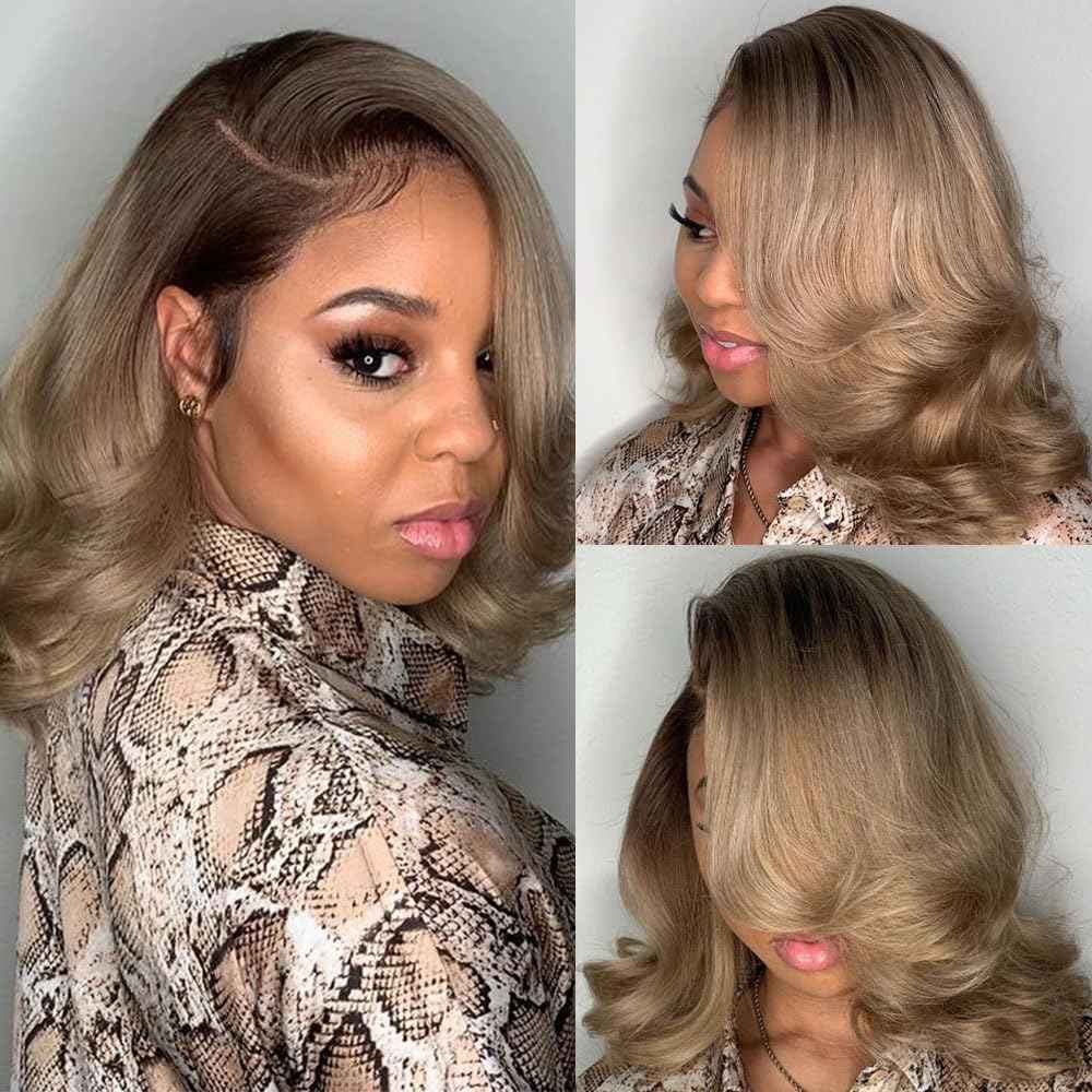 1b/Ash Blonde Lace Front Wig Human Hair Pre Plucked Hairline 180% Density Short Bob Human Hair Wigs For Women 13x4 Lace Front Wig Colored 1b Grey Human Hair Wigs (12inches)