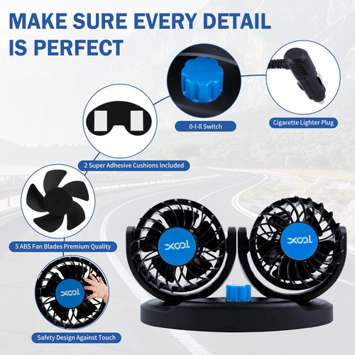 XOOL 12V Fan Car Fan, Adjustable Dual Head 3.5 Inches for Front Seat Passenger, 360° Rotatable Electric Car Cooling Fans with 2 Speed Regulation for SUV, RV, Vehicles