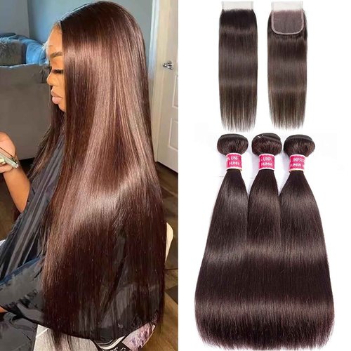Brown Human Hair Bundles with Closure(12 14 16 with 12 Free) Straight Human Hair 3 Bundles with 4x4 Lace Closure Double Machin Weft Straight Chocolate Brown Human hair