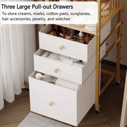 Makeup Organizer Cart with Drawers, Floor Skincare Organizers Make Up Organizers-Vanity Organizer Cosmetic Display Cases Holder for Skin Care Perfume Nail Polish Brush Hair Tool（Gold）