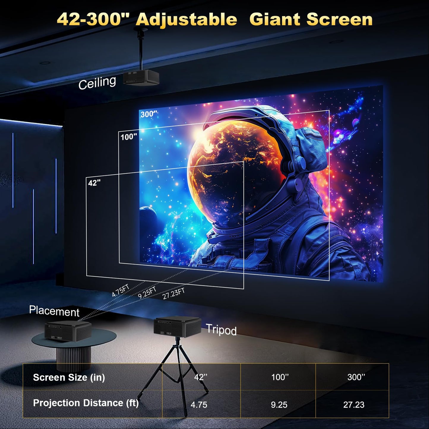 [1500 Brightness] Dess Projector with WiFi 6 and Bluetooth, Home Outdoor Electric Stand Movie Proyector, Auto Focus & Keystone, 1080P Native , High Contrast, Smart Projector
