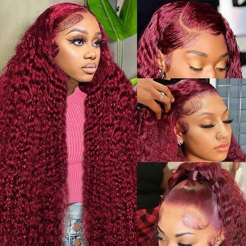 Fuduete 99J Burgundy Deep Wave 13x6 Lace Front Wigs Human Hair 200% Density Lace Frontal Wigs Human Hair Pre Plucked 99j Burgundy Deep Curly Wave HD Lace Front Wigs for Women (24Inch)
