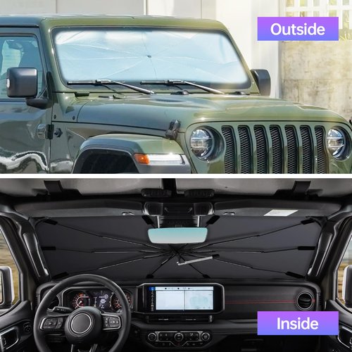 [2025 Upgraded] Windshield Sun Shade Umbrella - Foldable Car Sunshade for Jeep Wrangler/Gladiator, for Toyota 4Runner/Land Cruiser, Front Window Sun Shade UV Block & Heat Shield(Small-55"x23")