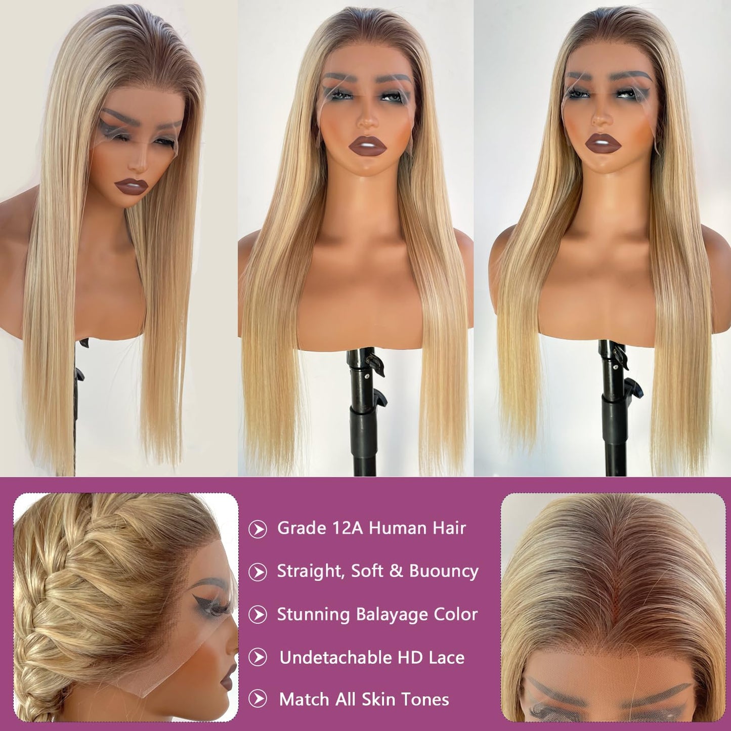 13x6 Lace Front Wigs Human Hair Brown Roots to Golden Blonde Balayage Blonde Highlights Wig Human Hair 18 Inch Glueless Lace Front Wigs Human Hair Pre Plucked Straight Colored Wigs for White Women