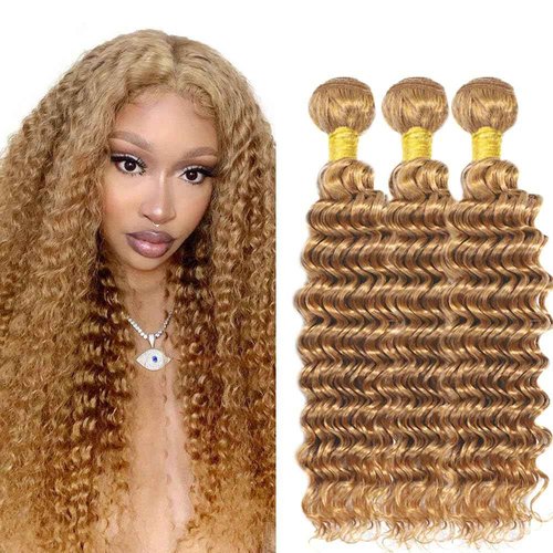 Blonde Bundles Human Hair Deep Wave Bundles 34 34 34 Inch Unprocessed Brazilian Virgin Remy Hair 3 Bundle #27 Honey Blonde Deep Wave Human Hair Extensions For Women 50 Gram Per Bundle