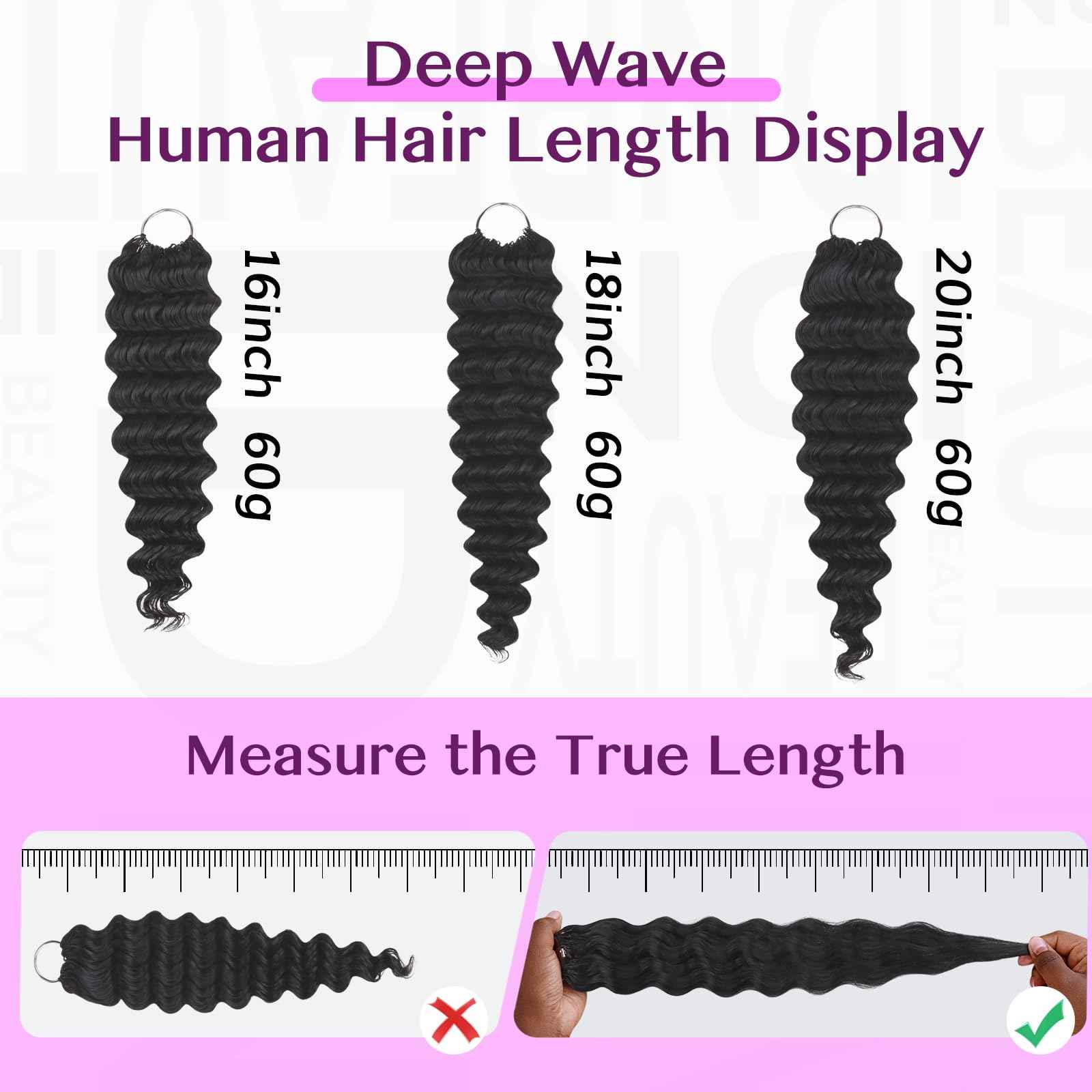 IDN Human Crochet Hair Knotless Pre Separated Bulk, 20 Inch 60g Feather Line Crochet Hair Braids, Deep Wave Natural Black Invisiable Knot Hair Extensions For Women Girl Kids