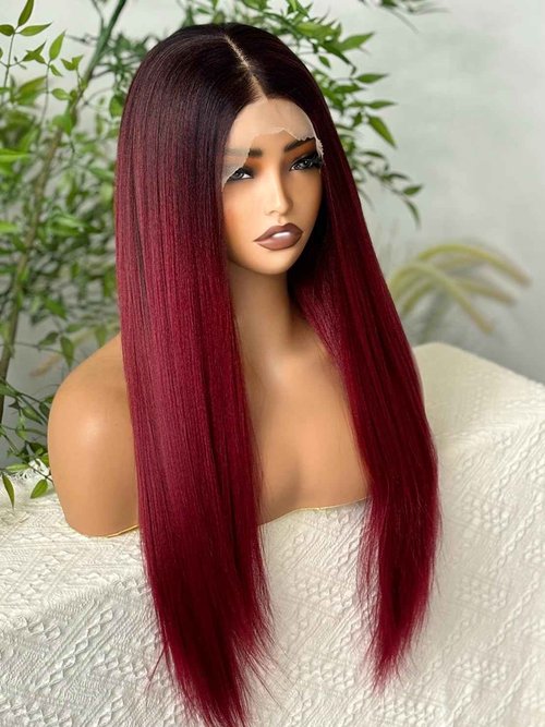 Emistar Ombre Burgundy Layered Straight Synthetic Lace Front Wig for Black Women 13x6 Lace Front Wigs Soft & Natural as Human Hair Pre Plucked with Baby Hair Long Straight Synthetic Wig 22 Inch