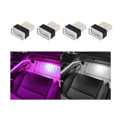 Augeny 4 PCS USB LED Car Interior Atmosphere Lamp, Plug-in USB Decor Night Light, Portable Auto Ambient Lighting Kit, Universal Vehicle Interior Accessories for Most Cars (White & Purple)