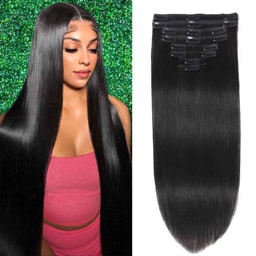 Clip in Hair Extensions Real Human Hair Clip in Extensions for Women Seamless Invisible Natural Black Straight Remy 100% Human Clips ins Extension 8pcs Double Weft 24 inch 4.2oz/120g