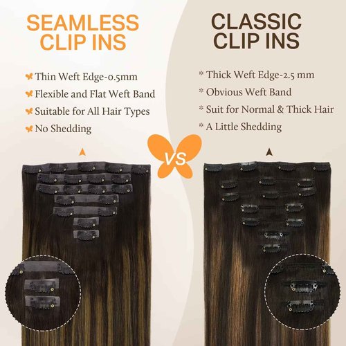 DOORES Seamless Clip-In Hair Extensions, Real Human Hair, Dark Brown to Chestnut Brown, 18 Inch, 7pcs, 110g, Straight, Invisi Edge
