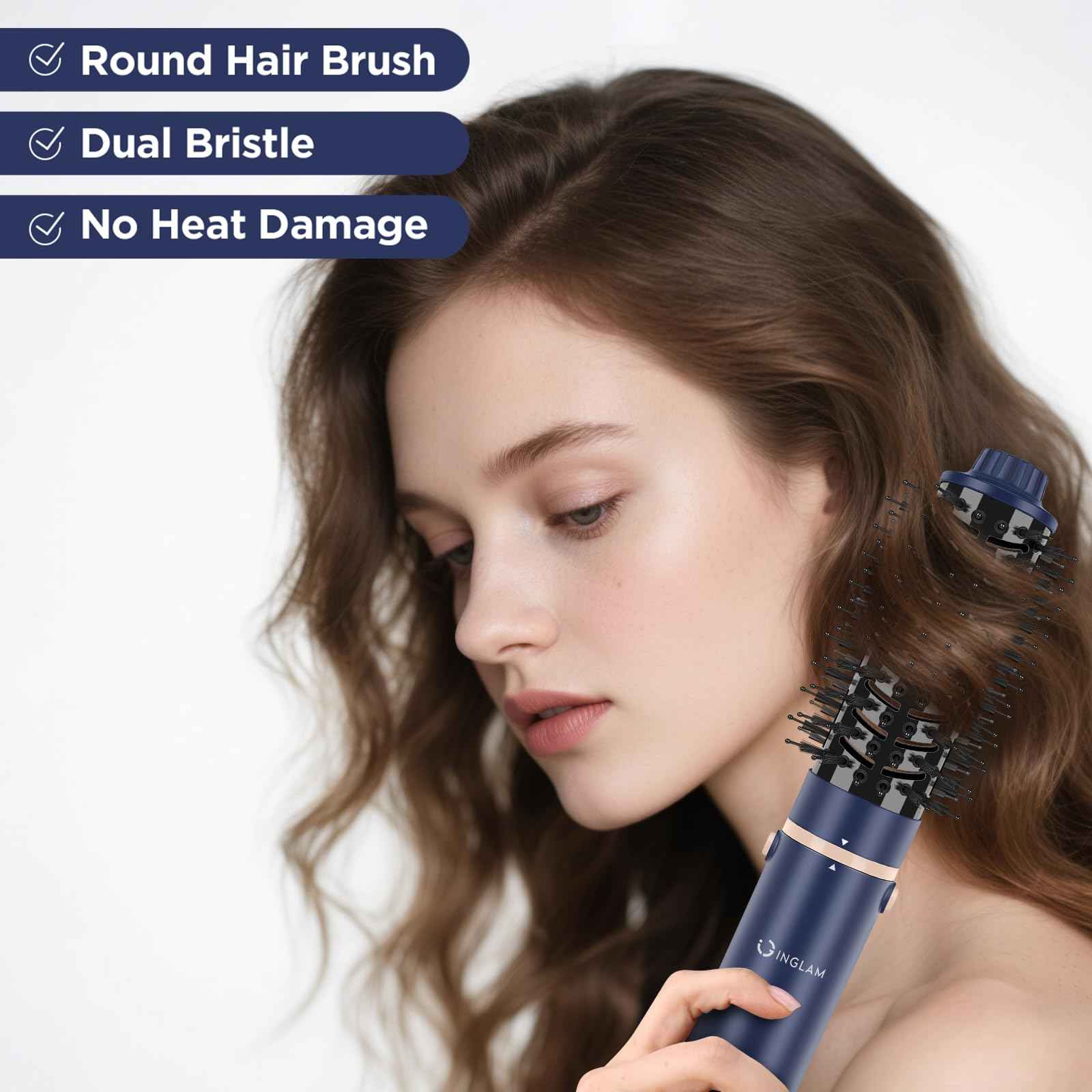 5 in 1 Blow Dryer Brush IG INGLAM MegaAir Hair Styler Brushless Hair Dryer Brush Left/Right Air Auto-Wrap Curler Hot Air Brush Negative Ions No Heat Damage Frizz-Free Drying Curling, Prussian Blue